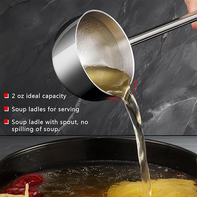 Small Soup Ladle SUS304 Stainless Steel Metal Deep Spoon With Pour Spout 2 oz Long Handle Gravy Ladles Heat-Resistant for Kitchen Cooking Serving Soups and Drizzle Sauces 2 Pack Set (10.5 inch)