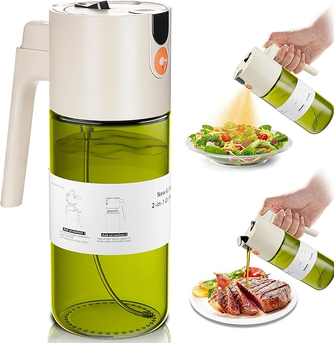 OURCABECUE Upgrade 2 in 1 Oil Sprayer for Cooking, 17oz Light-Blocking Glass Olive Oil Dispenser Bottle for Kitchen,Food-Grade Oil Mister with 8 Stickers for Salad, Frying (Green Bottle-White Gap)