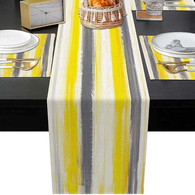 Emvency Yellow Grey White Abstract Painting Table Runner and Placemats Set of 6,Watercolor Painting Art Dining Decor for Daily Use(1 Table Runner 72 inches Long and 6 Placemats)