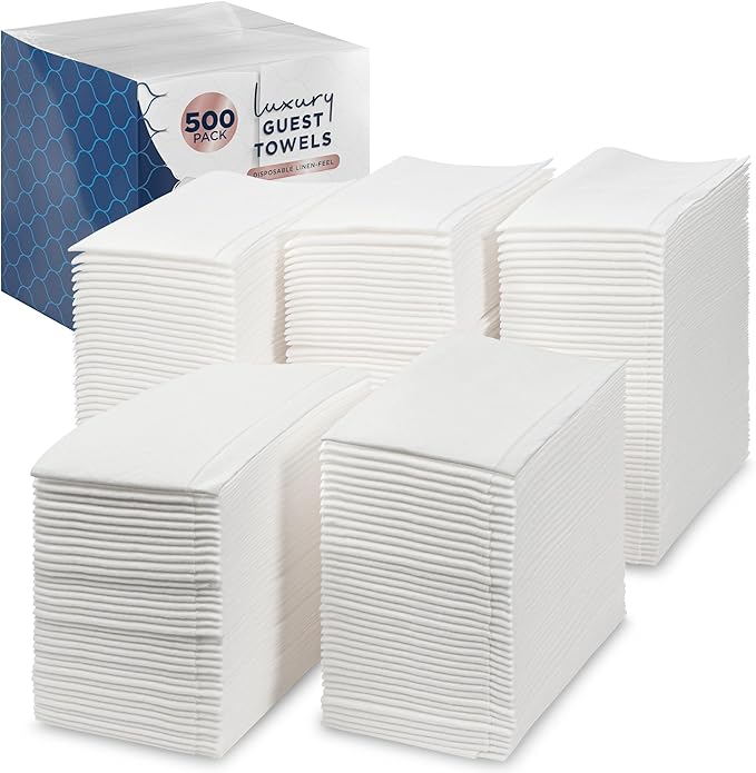 Disposable Guest Towels 500 Pack - White Napkins for Guest Bathroom, Heavy Duty Disposable Hand Towels, Ultra Absorbent Linen Feel Paper Napkins for Bathroom, Parties and Events