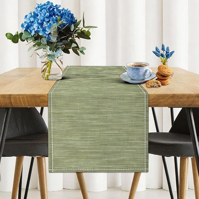 Niviy Green Boho Table Runner, 12x72 Inch Washable Easy to Clean Farmhouse Sage Green Table Runners for Holiday Party Kitchen Dining Room Decoration