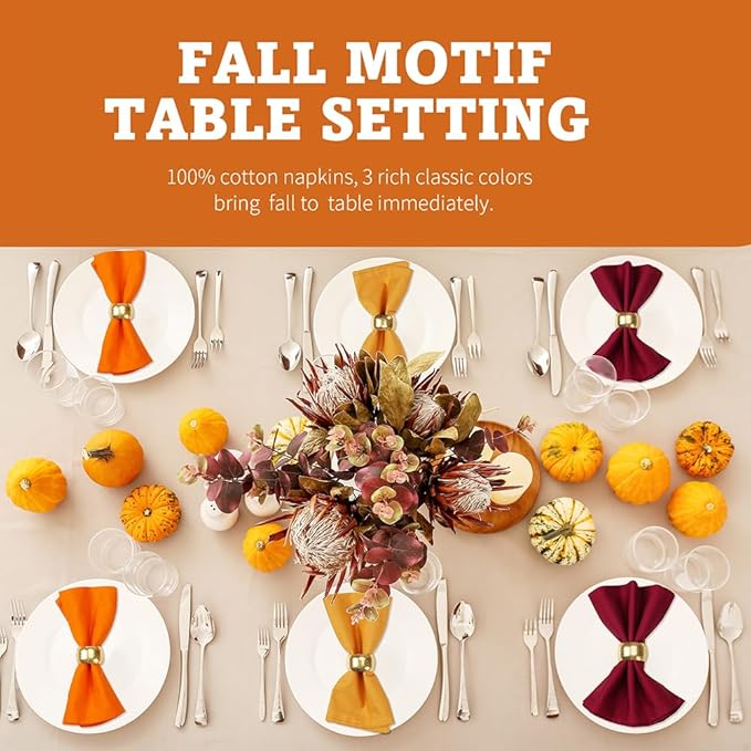 Fall Cloth Napkins,100% Cotton Dinner Napkins Set of 6.Thanksgiving Decorations Gifts for Table Decor. Washable Reusable Thick. 2 Burgundy red,2 Orange,2 Harvest Gold.18by18(Tricolor)