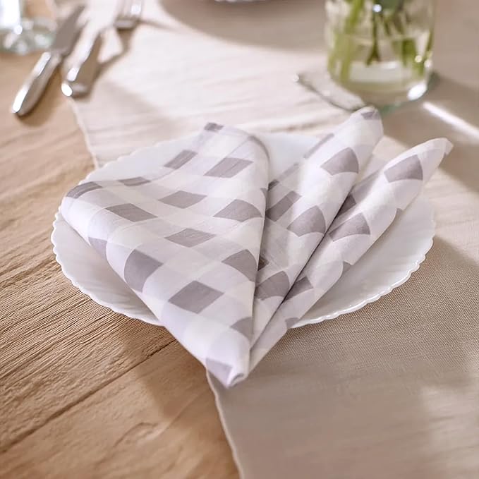 Cloth Napkins Set of 12, 100% Cotton Reusable Gingham Printed Dinner Napkins, 18x18 Inch Washable Table & Kitchen Napkins for Home, Dining, Entertaining – Cloud Gray & White