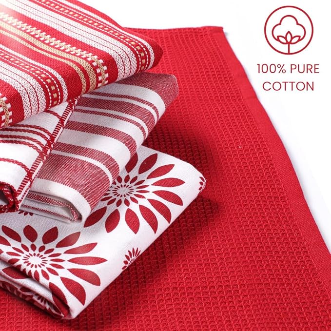 Assorted Kitchen Towels Large 16x26 inches 100% Cotton Set of 5 - Soft Absorbent Washable Tea Towel for Kitchen - Dish Cloths with Hanging Loop - Quick Drying Dish Towels Red