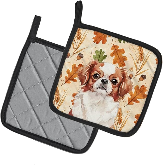 Caroline's Treasures Red and White Japanese Chin Heirloom Fall Pair of Pot Holders Pair 7.5x7.5 Quilted Insulated Hot Pads Decorative Kitchen Gift Made in USA