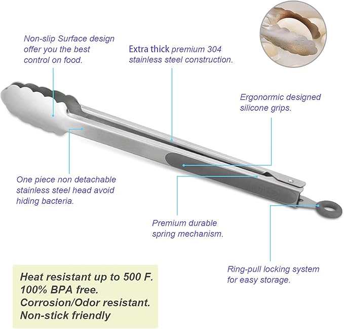 Premium 304 Stainless Steel Tongs Set – 12" Grill Tongs & 9" Cooking Tongs, Heat Resistant up to 600°F, Wavy Grip Head, Non‑Slip Handle with Locking Clip & Hanging Loop, Dishwasher Safe, Grey