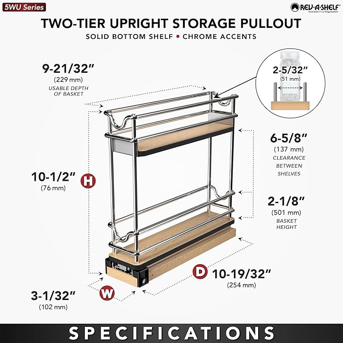 Rev-A-Shelf 3" Pullout Organizer for Cabinets, 2 Tier Narrow Upright Shelf, 5WU2-3N1-1