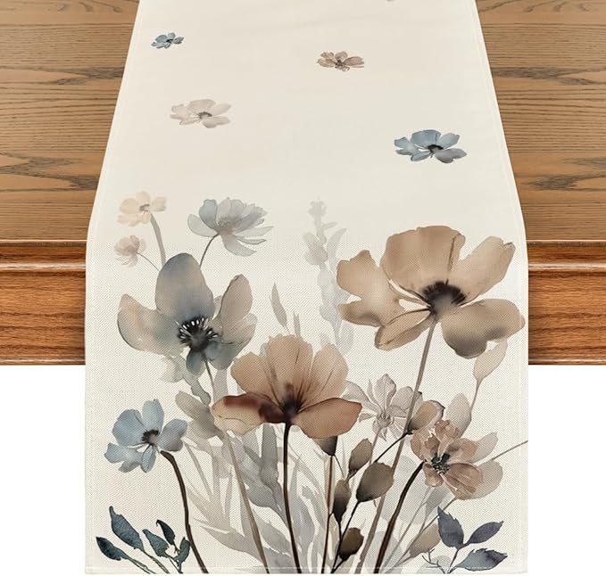 Artoid Mode Brown Poppy Floral Leaves Spring Table Runner, Seasonal Summer Kitchen Dining Table Decoration for Home Party Decor 13x60 Inch
