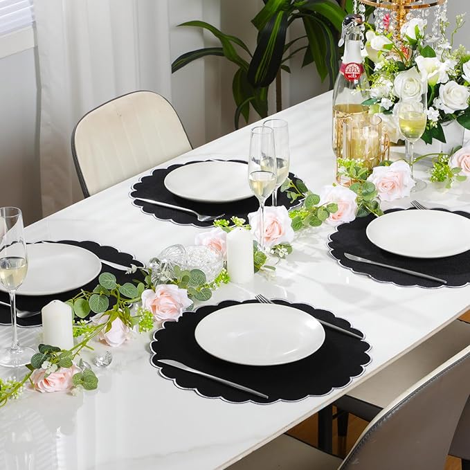 Set of 6 Round Placemats 15 Inch Cotton Scalloped Embroidery Placemat Washable Double Layered Rustic Dinner Table Mat Decor Fabric for Hotel Restaurant Kitchen(Black/White,Classic)