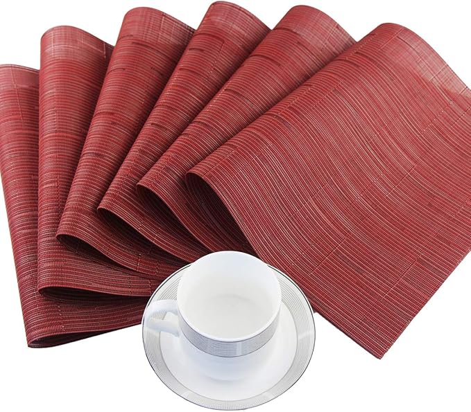 PIGCHCY Placemats,Washable Durable Woven Vinyl Placemats for Dining Table,Heat Resistant Plastic Placemats Set of 6 (18 x 12 inches,Burgundy Red)
