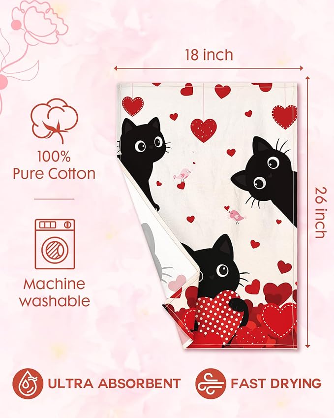 Miss Adola Valentine Day Kitchen Towels Set of 2 - Flour Sack Tea Towels with Hanging Loop 18x26 Inch Sweet Home Hand Dish Cloths Red Hearts Cats Absorbent Reusable Dishcloths Cute Valentine Decor