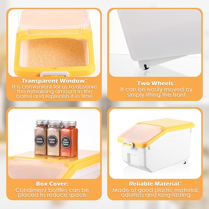 Sunnyray 4 Pcs Rice Storage Containers Bulk Flour Sugar Container Wheels Measuring Cups Set Airtight Pet Dog Cat Birds Food Bin Grain Cereal Organizer Box for Dry Baking(Yellow,22 lb)