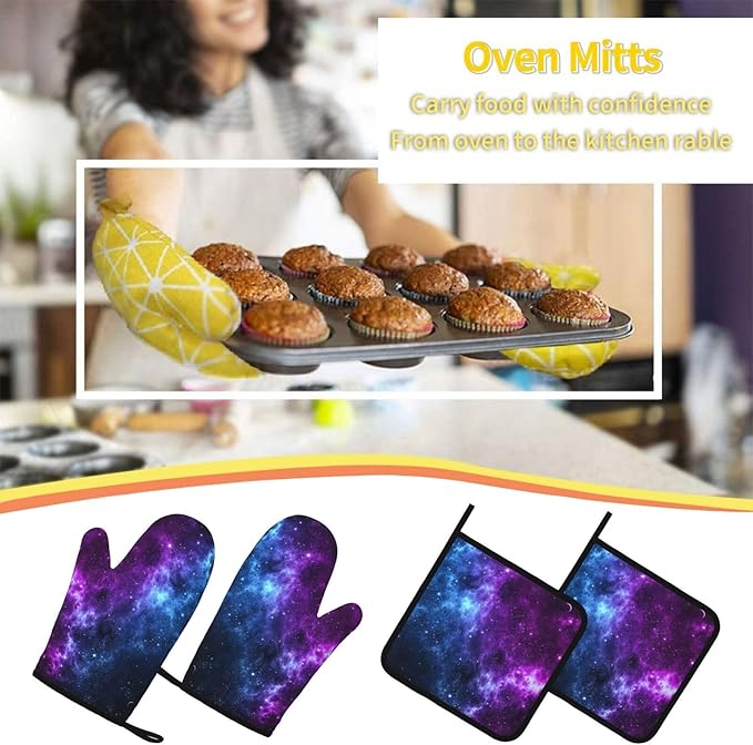 Cool Blue Purple Galaxy Oven Mitts and Pot Holders Sets of 4, Heat Resistant Silicone Oven Mittens and Potholders Gloves Hot Pads for Kitchen Cooking Baking Grilling BBQ Chef