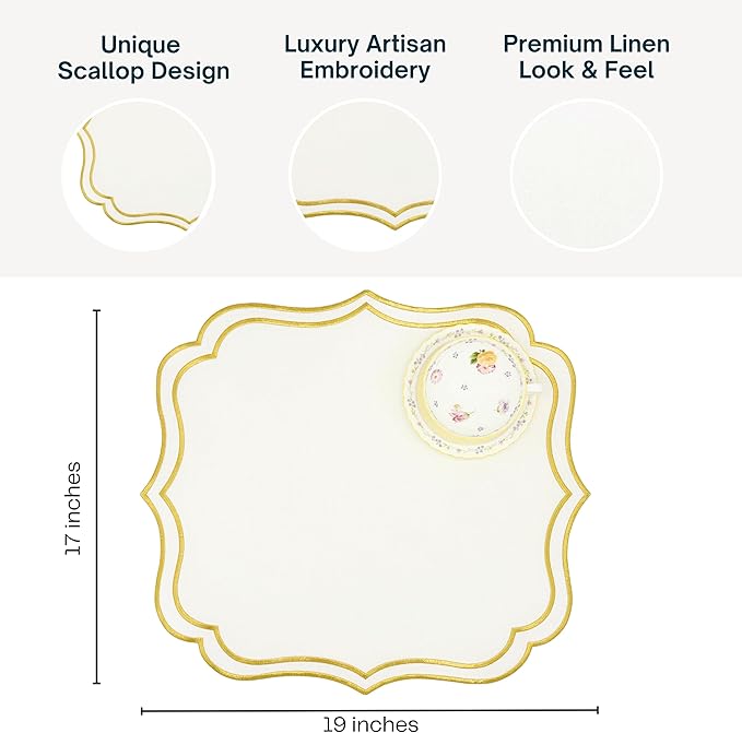 Cotton Linen Placemats Set of 4 - Double Layered, Machine Washable, Wrinkle Resistance, Scalloped & Embroidered Cloth Table Mats - Wedding, Spring mat, Giftable, 19 x 17 inch, Ivory Gold