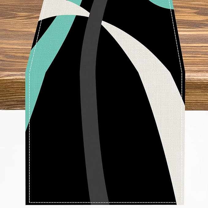 Abstract Geometric Table Runner Teal Grey and White Striped Black Background Modern Kitchen Dinner Runner for Indoor Home Living Room Party Dining Table Decoration 13"x90"