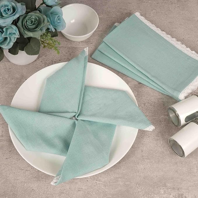FINGERCRAFT Dinner Cloth Napkin Cotton Linen Blend 4 Pack Mitered Corners with Elegant Lace for Everyday Use Napkins are Pre Shrunk and Good Absorbency Aqua Easter Color