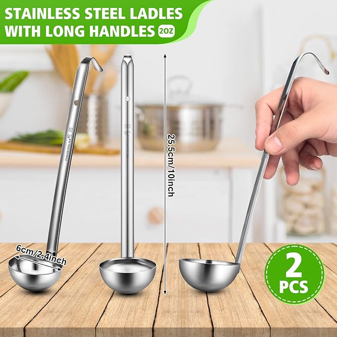 Potchen 10 Pcs Stainless Steel Soup Ladle Set Small Ladle Sturdy Long Handle Portion Control Serving Spoons for Cooking Sauce Gravy Stirring & Kitchen Home Use(2 oz)