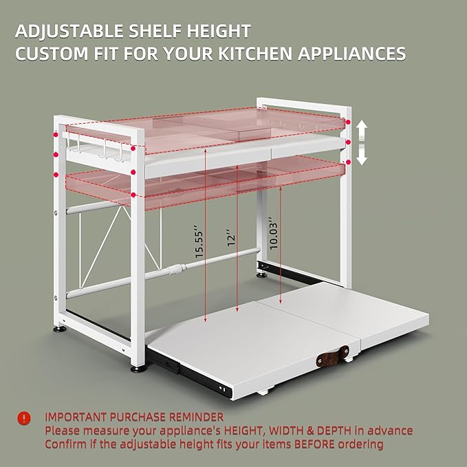 NETEL Expandable Microwave Stand,2 Tier Metal Kitchen Countertop Organizer Shelves with 8 Hooks,Bakers Rack,Pull-Out Microwave Shelf,Metal Storage Shelves,55lbs Weight Capacity,White