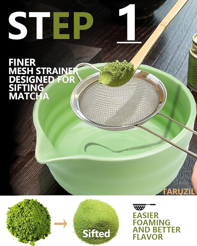 Taruzil Matcha Whisk Set with Matcha Bowl, Matcha Bamboo Whisk, Scoop, Sifter, Matcha Kit Holder Unique Gifts for Women Men Girl Friend Home Kitchen Decor Gifts for Christmas, Birthday（Light Green）