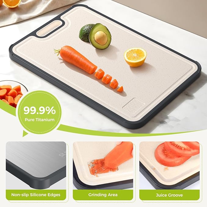 Titanium Cutting Board, Double Sided Food Grade Pure Titanium/PP, Cutting Board for Kitchen, Easy to Clean Large Size [18”*12.5”+15.5”*10.5”+12”*8.5”]