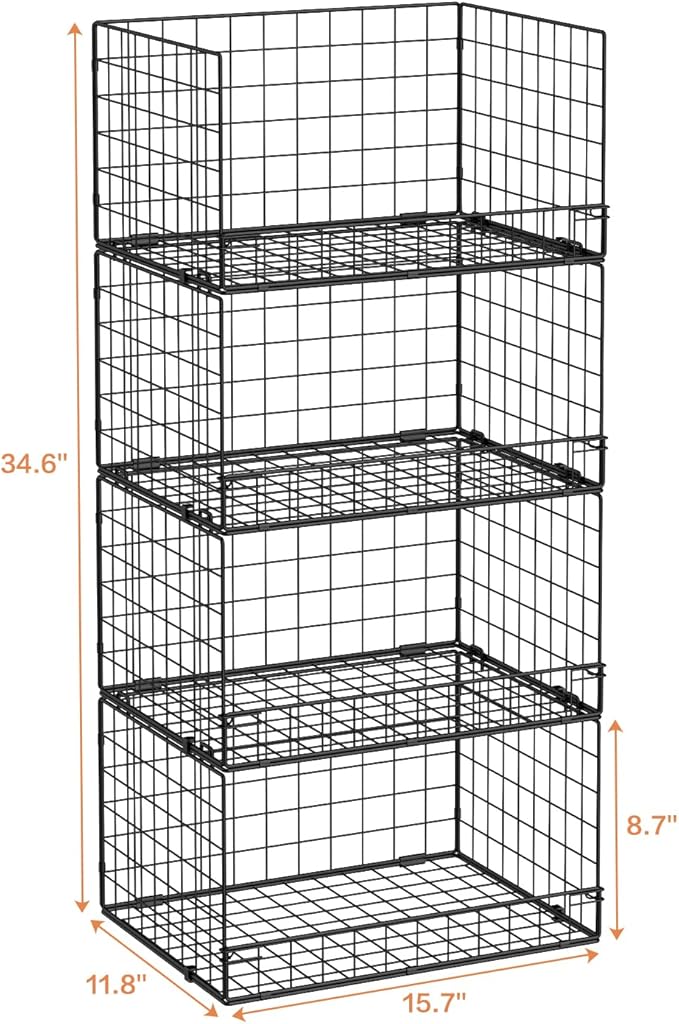 Yociyoga 4-Tier Stackable Closet Organizers and Storage Shelves, Clothes Shelf Organizer Basket Bins, Foldable Sweater Storage for Closet Organizer System, Black (Patent Pending)
