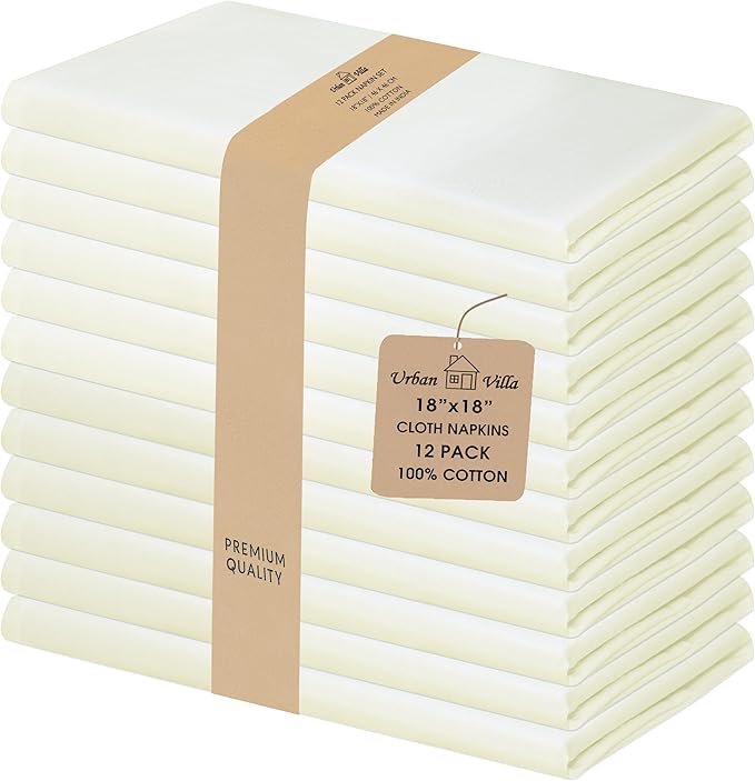 Urban Villa Cloth Napkins Ivory Dinner Napkins Set of 12 (18X18) 100% Cotton Absorbent Washable Durable Reusable Cloth Napkins Ideal for Easter Decorations Hotel Collection Farmhouse Parties Napkins
