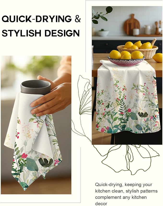 Miss Adola Flour Sack Kitchen Towels Set of 2-18x26 Cotton Dish Towels with Hanging Loop Reusable Tea Towel for Cleaning Spring Absorbent Dishcloths Cute Home Decor Housewarming, Ink Flowers
