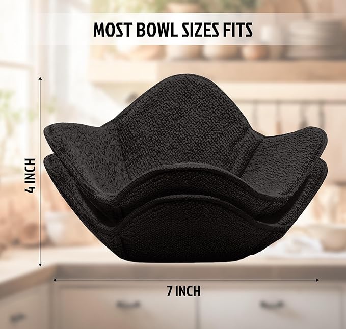 Set 2X Black 7" sq. x 4"H Polyester Microwave Bowl Holder Potholders - Microwavable Soup Bowl Cozy - Hot Pads Holders for Hot Food Quilted - Bowl Cozies for Microwave Kitchen Accessories, Gadgets
