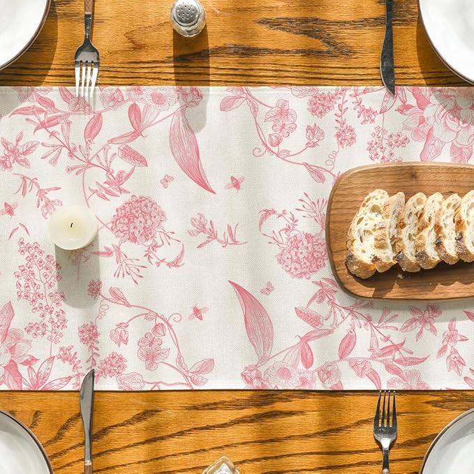 Artoid Mode Pink Monochrome Sketch Birds Flowers Spring Table Runner, Seasonal Summer Kitchen Dining Table Decoration for Home Party Decor 13x72 Inch