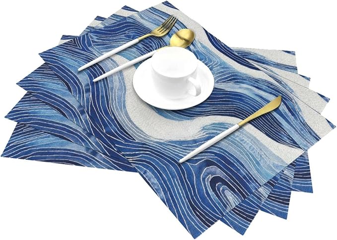 Blue and White Ocean Inspired Linen Placemats Set of 4, Washable Heat-Resistant Decorative Coastal Navy Blue White Wave Patterned Table Mats for Home Dining Parties, Gift for Beach Lovers, Home Decor