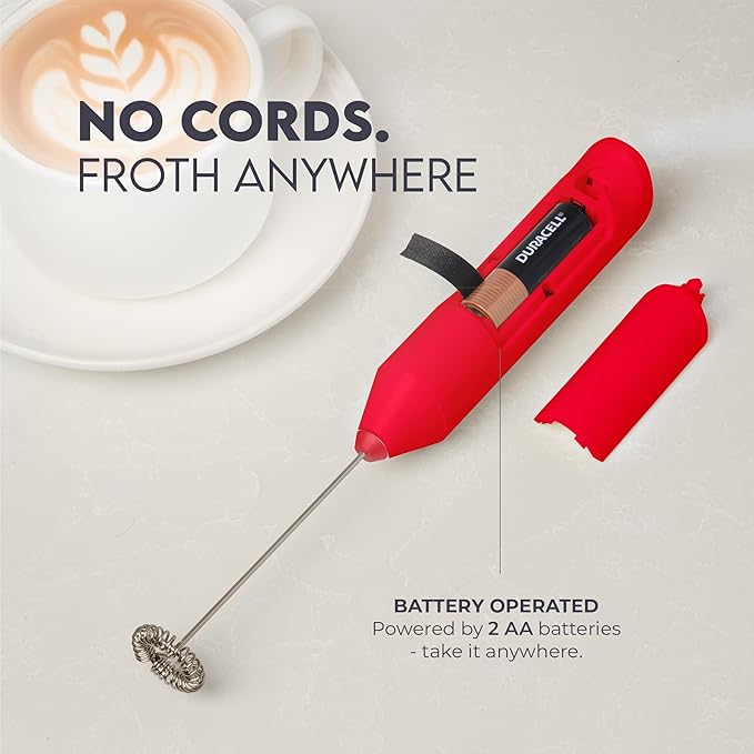 Zulay Kitchen Milk Frother Handheld Battery Operated – Electric Drink Mixer for Coffee, Lattes, Cappuccinos, Matcha & Hot Chocolate – Portable Foam Maker & Coffee Bar Accessory - Apple Red