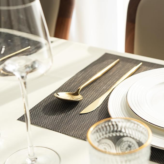 Placemats Set of 8 Vinyl/Plastic Woven Place Mats for Kitchen Table Indoor/Outdoor Washable Placemat Wipeable Dining Table Mats (Brown and Black,8)