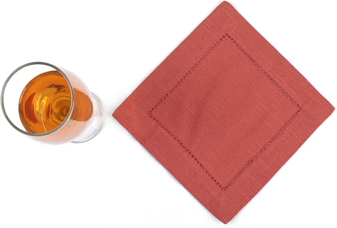 FINGERCRAFT Cocktail Napkins 6 x 6 Inch Premium Quality Cotton, Generous Hemstitch and Mitered Corner Set of 12 Coaster Cloth Rust