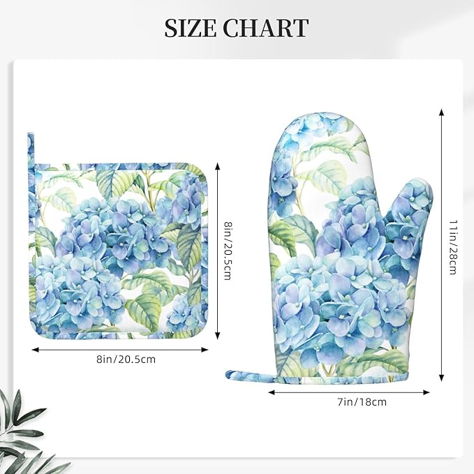 Blue Hydrangea Flowers Watercolor Oven Mitts Pot Holders Set Silicone Kitchen Oven Mitts Heat Resistant Potholders Non-Slip 4pcs Hot Pads and Oven Gloves Sets for Baking,Cooking,BBQ,Grilling