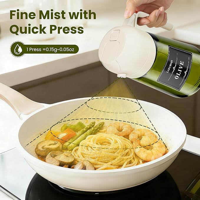 LAKUMIQI 2 in 1 Oil Sprayer for Cooking, 16oz Olive Oil Dispenser Bottle for Kitchen, Food Grade Light-Blocking Leak Proof Glass Spray Bottle for Salad, Air Fryer, BBQ