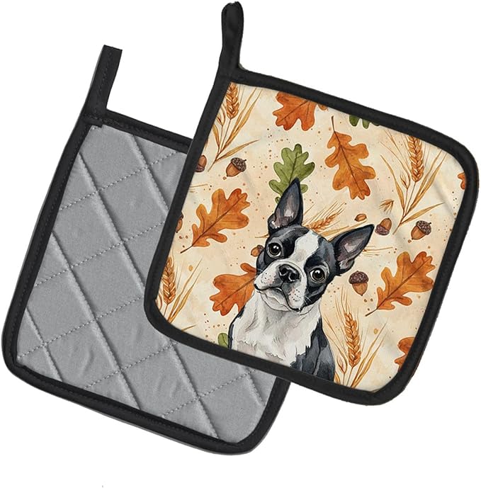 Caroline's Treasures Boston Terrier Heirloom Fall Pair of Pot Holders Pair 7.5x7.5 Quilted Insulated Hot Pads Decorative Kitchen Gift Made in USA