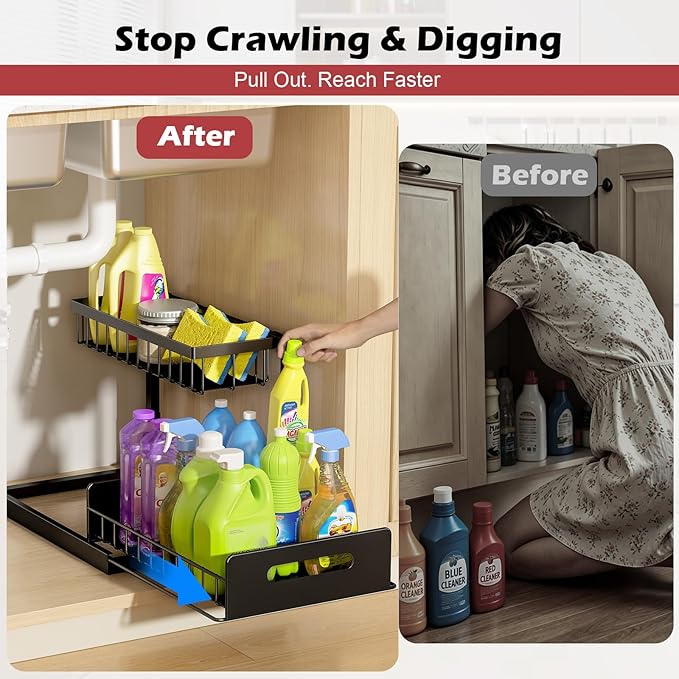 REALINN Under Sink Organizer, Pull Out Cabinet Storage 2 Tier Slide Out Sink Shelf, Kitchen Organizers and Storage, Black, 1 Pack