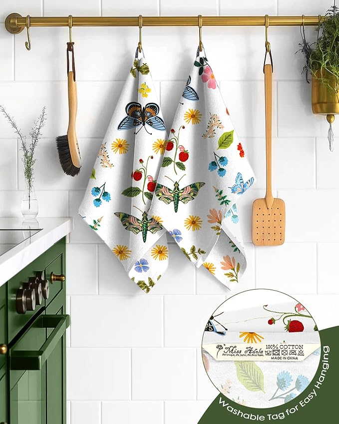 Miss Adola Flour Sack Kitchen Towels Set of 2-18x26 Cotton Dish Towels with Hanging Loop Reusable Tea Towel for Cleaning Spring Absorbent Dishcloths Cute Home Decor Housewarming, Butterfly Garden