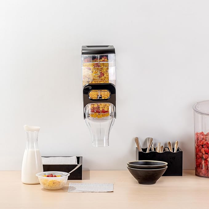 Restaurantware Cereal Dispenser 2 gal Plastic Wall-Mounted Gravity Bin Candy Dispenser Self-Serve Black Dry Food with Wall Mount Brackets for Breakfast Buffet or Hotel Use
