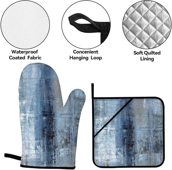 Blue Grey Oven Mitts and Pot Holders Sets of 4 Modern Abstract Art Oven Mitt Oven Gloves Pot Holders and Oven Mitts for Kitchen Baking Cooking Grilling
