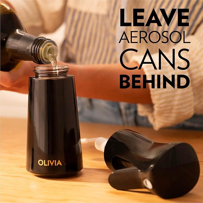 FLAIROSOL OLIVIA SIGNATURE Advanced Kitchen Oil Sprayer Technology, Continuous Fine Mist with Portion Control, Reusable Glass Olive Oil Spray Bottle, Anti-Drip & Leakproof, Black 200ml