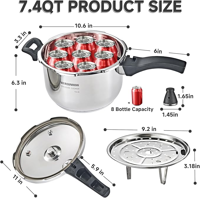 Stainless Steel Pressure Cooker with Steamer Basket, Faster Cooking and Safety Pressure Release (7-Liter)