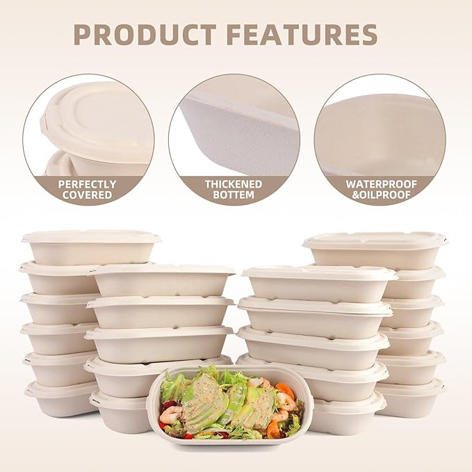 60Pcs(29oz) Disposable Meal Prep Lunch Food Takeout Salads Sandwiches Bowls Containers with Lids,Compostable Biodegradable to go Food Microwavable Freezer Safe Containers for Party Camp out.