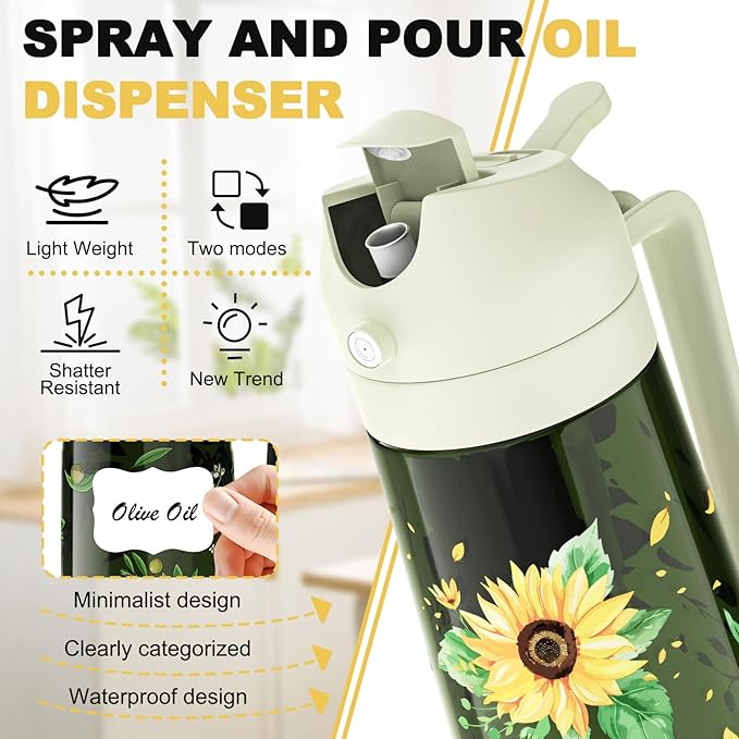 COOLMI Oil Sprayer for Cooking, 2 in 1 Olive Oil Dispenser Bottle Set for Kitchen, Food-Grade Glass Green Oil Vinegar Bottle Container - 16OZ/470ML Set of 2 (Black + Beige)