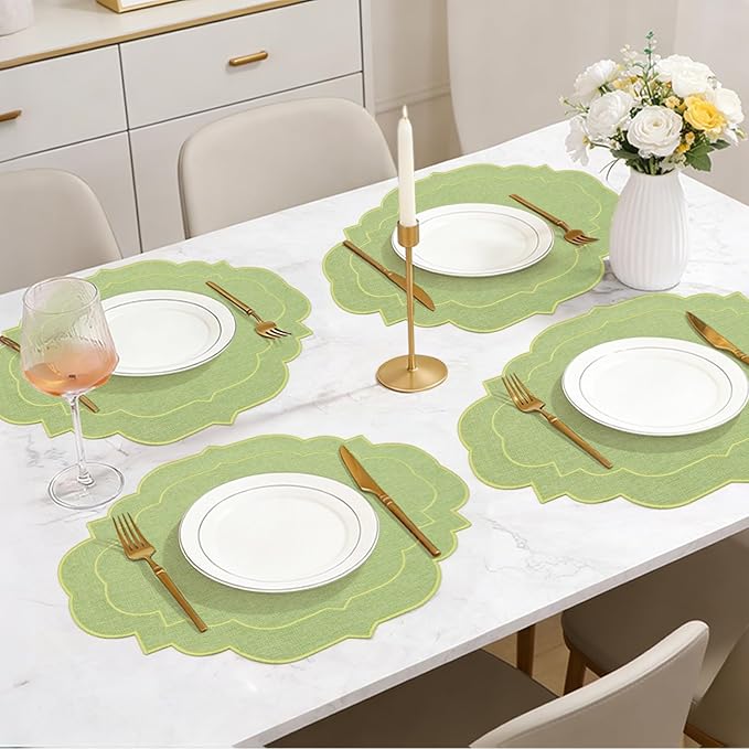 Cotton Linen Oval Placemats Set of 4, HADEEONG Table Mats Cloth Placemats, Washable Wrinkle Resistance, Scalloped & Embroidered Fabric Placemats, 17.71 x 13.77inch (Green, 4)
