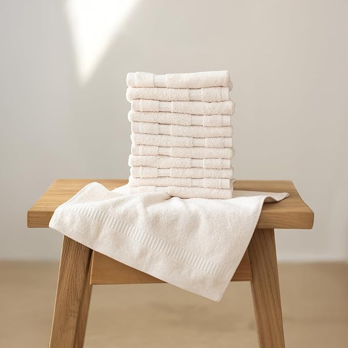 SALBAKOS 100% Turkish Cotton Washcloth Set of 12 13x13 inch | Heirloom Quality | Hotel & Spa Collection | Ultra Soft, Super Absorbent, Washcloth Towels | Made in Turkey (Ivory, 12 Washcloths)