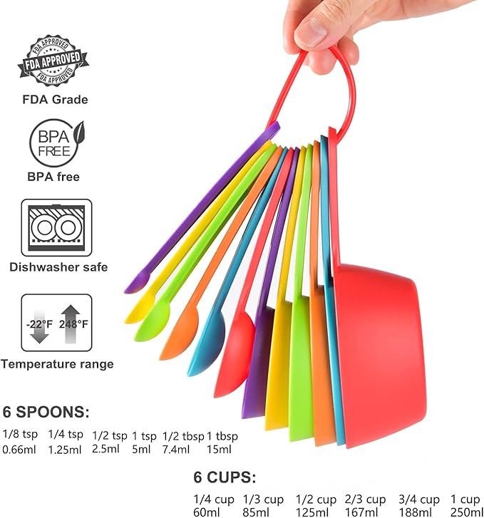 Measuring cups and spoons set of 12, Plastic Colorful Measuring Cups Meausuring Spoons Stackable for Measuring Dry and Liquid Ingredients Great for Baking and Cooking(Random Color)