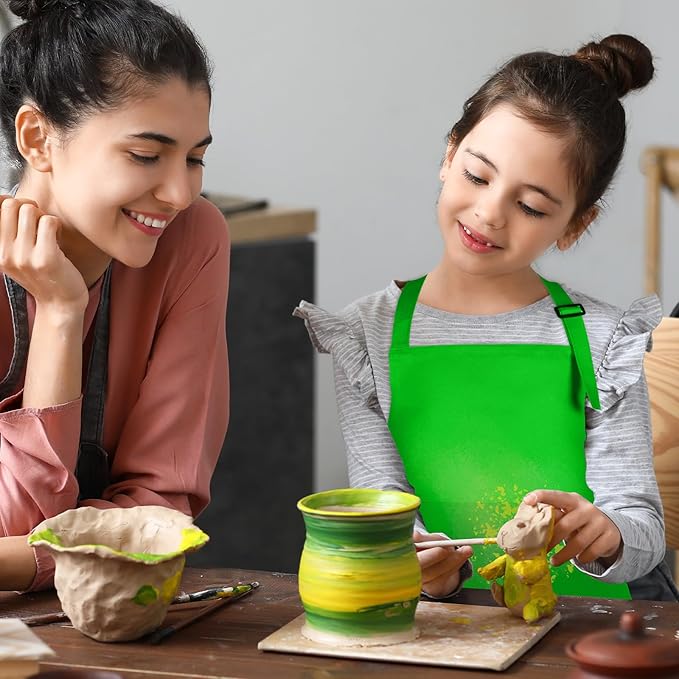 12 Pack Kids Apron Bulk with 2 Pockets Adjustable Chef Art Apron Kids Painting Aprons for Cooking Baking Painting Crafting Grilling Activity（Green）