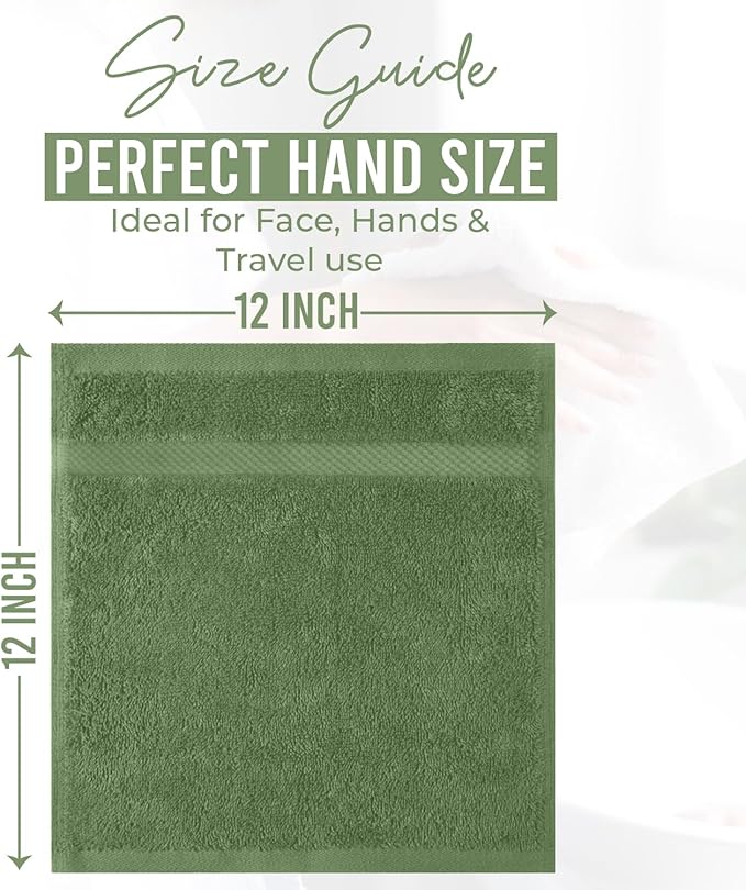 DAN RIVER 12-Pack Premium 100% Cotton Sage Green Face Towels for Bathroom - Reusable Face Wash Cloths for Showering 12x12 Inches - 550 GSM Super Soft & Absorbent Luxury WashCloths for Body, Spa & Gym