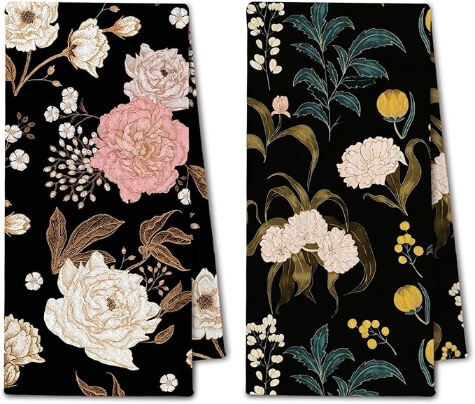 Dark Vintage Floral Kitchen Towels, Art Nouveau Flower Dish Towels Drying Cloth for Kitchen, Boho Cottagecore Botanical Decorative Hand Towel for Bathroom, 16x24 Inch Set of 2